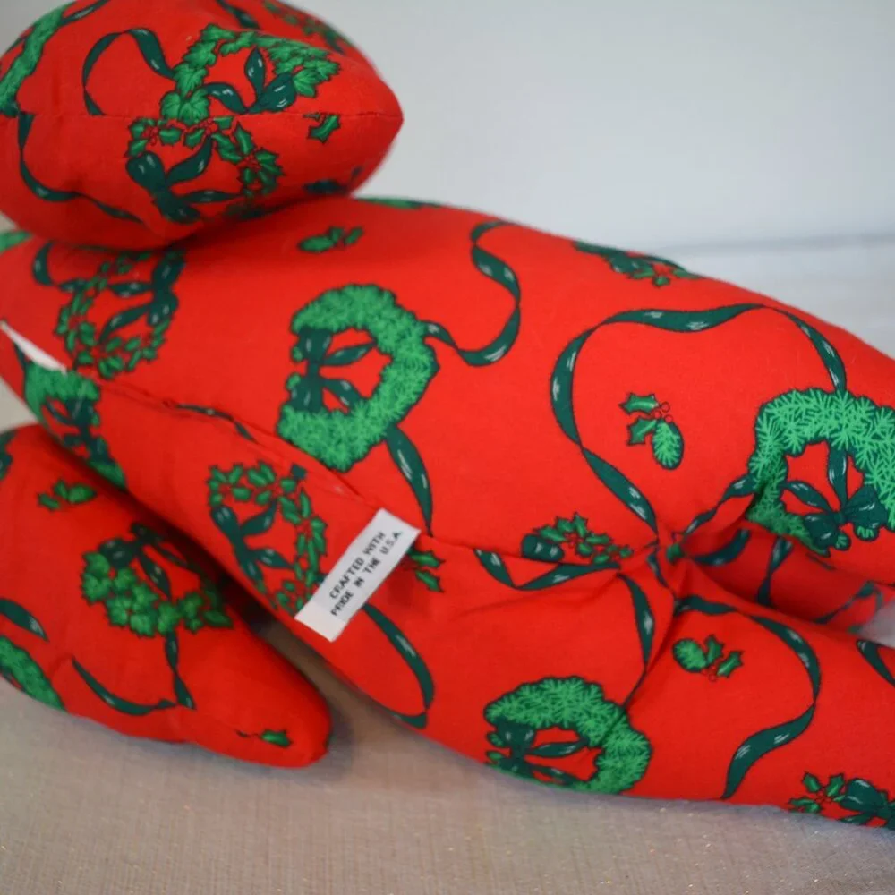 Large red green Christmas Holiday stuffed decor plush cat Handmade Kitty pillow